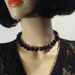 BLACK GLASS BEADED ADJUSTABLE CHOKER with LOBSTER CLASP